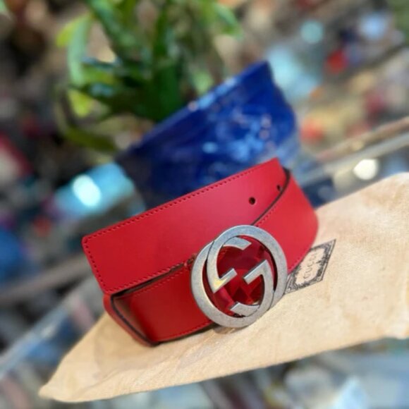 New Gucci Red Leather Belt w GG Buckle Sz 85